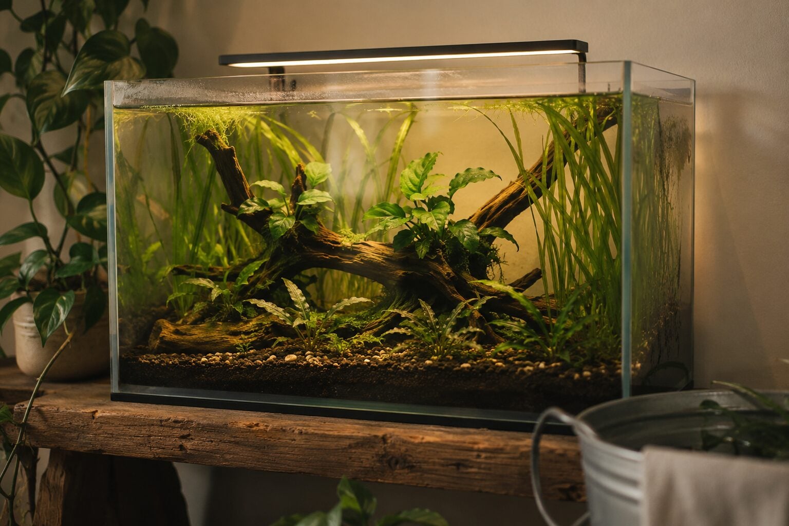 A low-tech planted aquarium of beginner aquatic plants on a reclaimed wood shelf against a warm cream wall