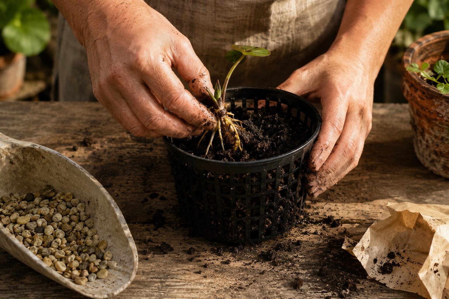 Close-up of two hands potting a water lily tuber into a black mesh aquatic basket filled with heavy dark loam, a scoop o