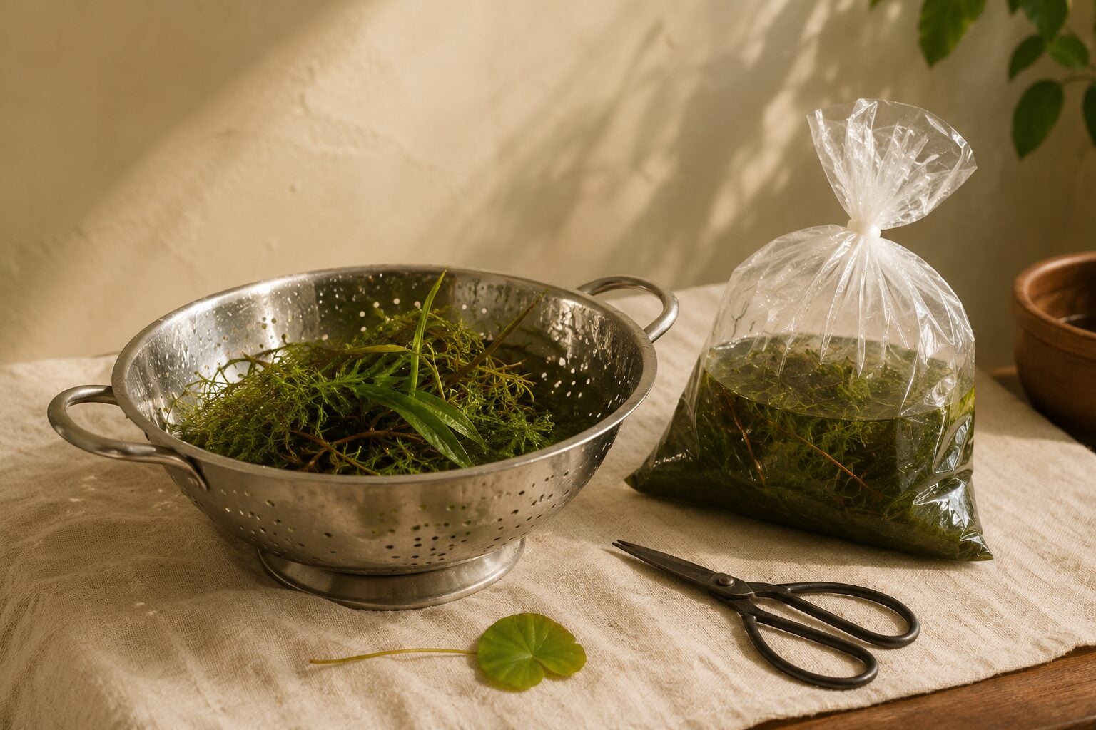 A quiet still life about responsible plant handling - trimmed aquatic plants draining in a colander beside a sealed clea