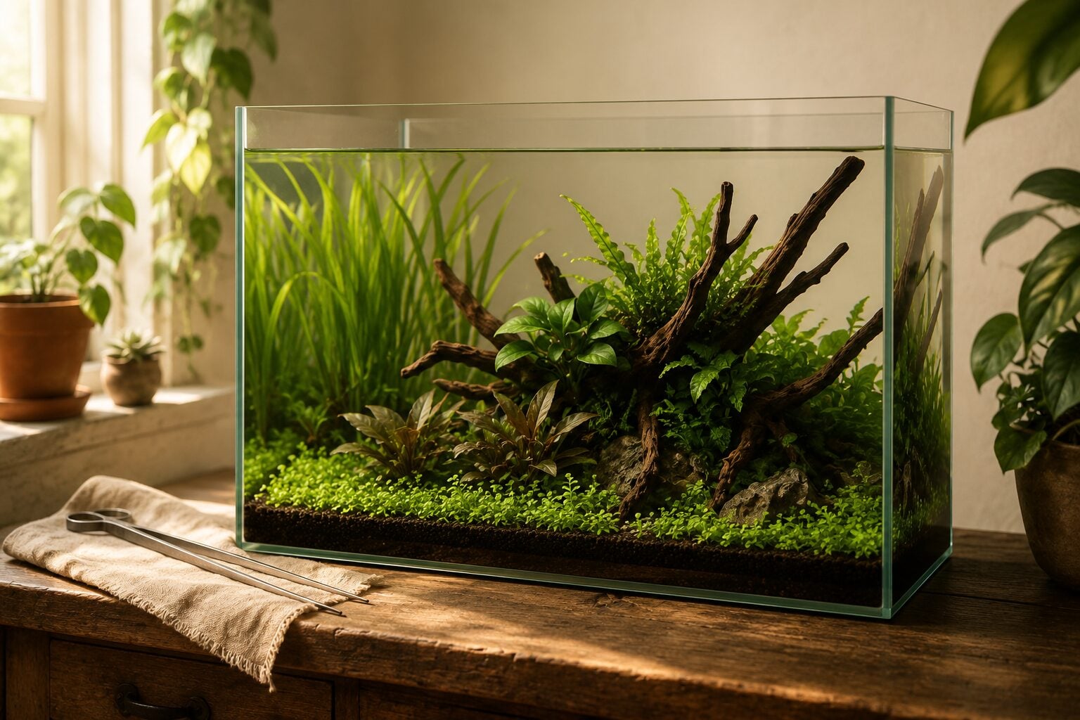 A finished nature-style planted aquarium showing aquascape plants layered from a low carpet at the front through cryptoc