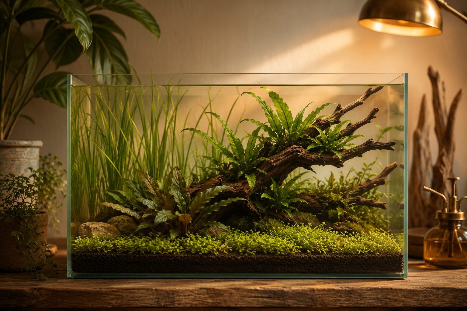 An editorial side-on view of a planted tank showing the four layers of aquascape plants distinctly - low carpet at front