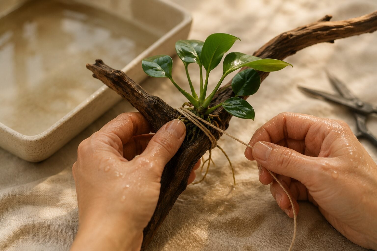 Close-up of two hands tying an anubias rhizome to a branch of spiderwood with cream cotton thread, the rhizome clearly r