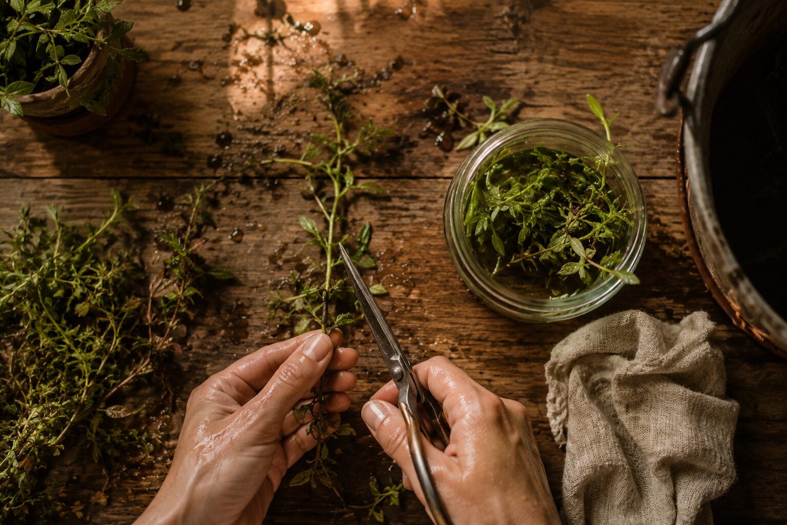 Overhead shot of trimming in progress - curved aquascaping scissors cutting stem plant tops, a glass jar of green clippi