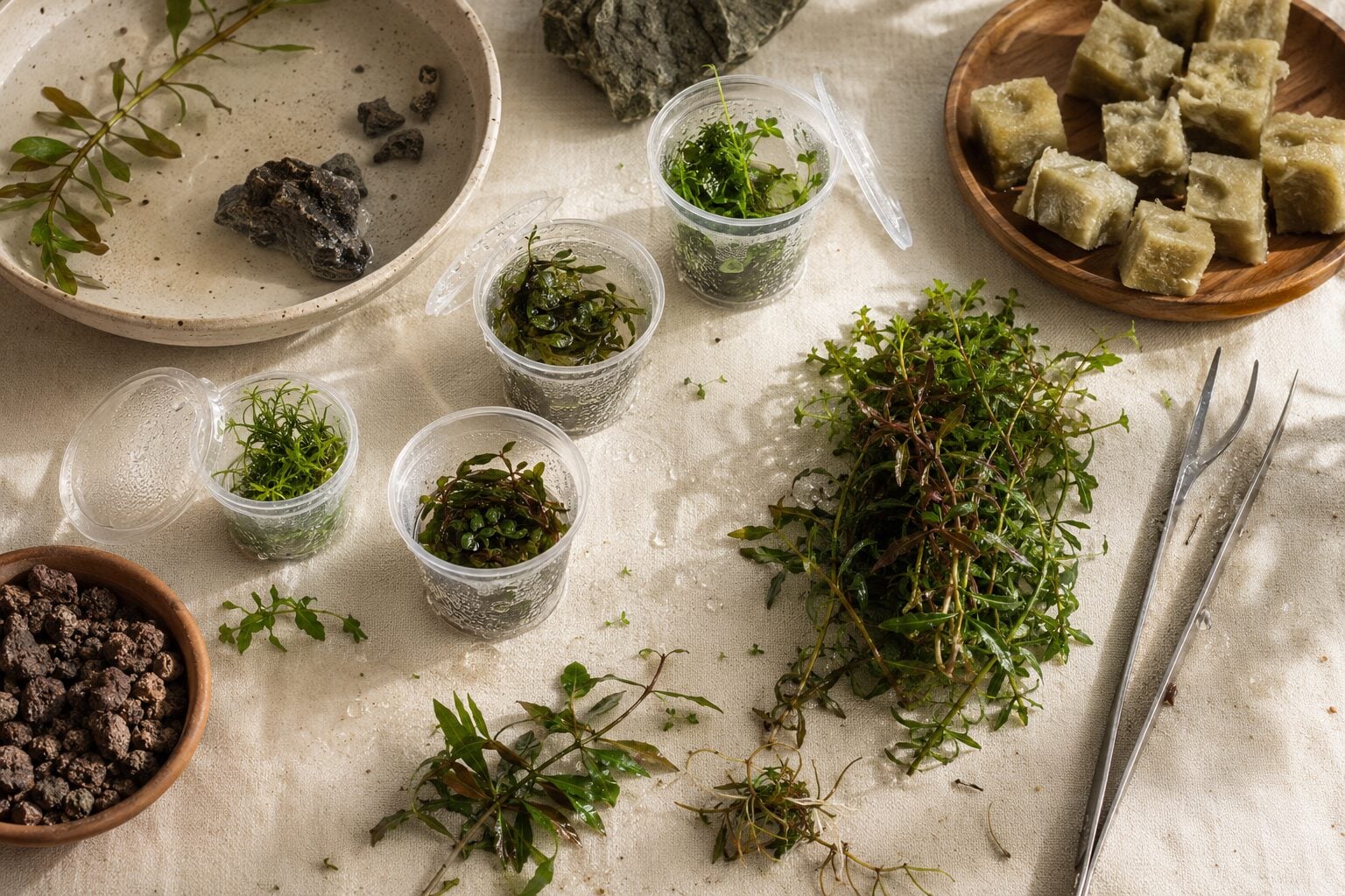 A flat-lay of newly arrived aquascape plants ready for planting - tissue-culture cups opened on a linen cloth, rinsed ro