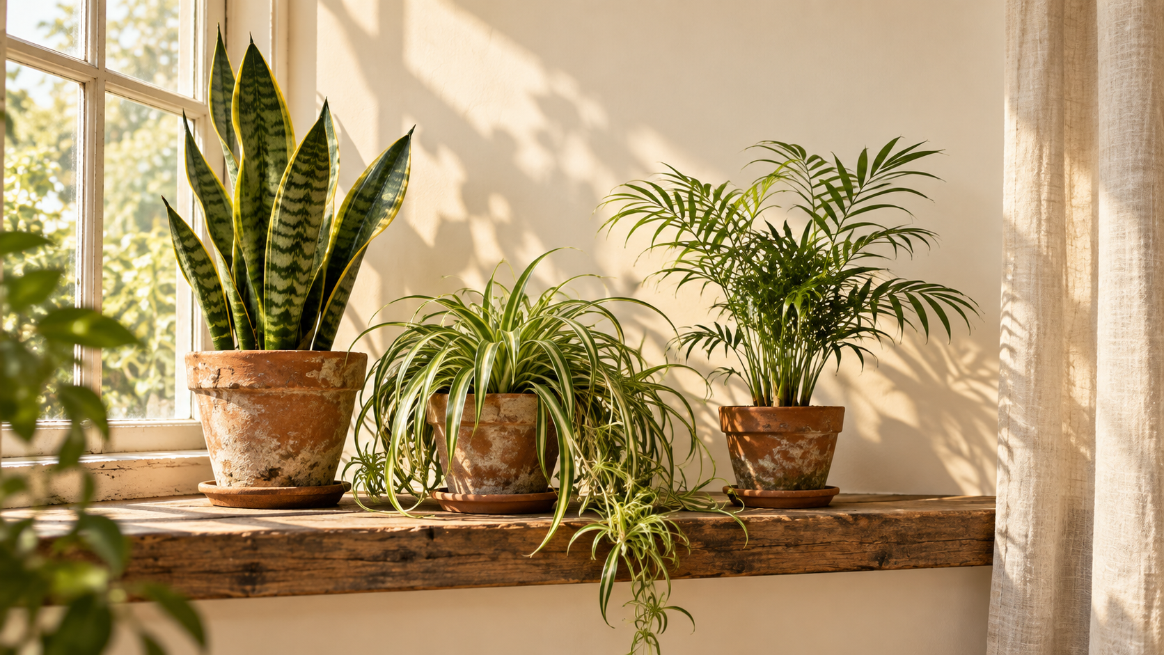 Air purifying plants on a wide windowsill: a snake plant, a trailing spider plant and a small parlor palm.